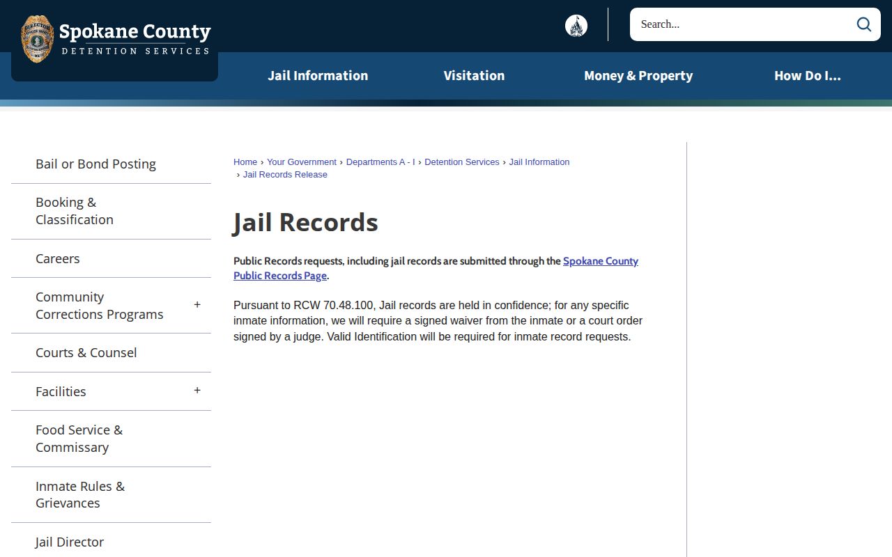Spokane County jail records request source for booking records